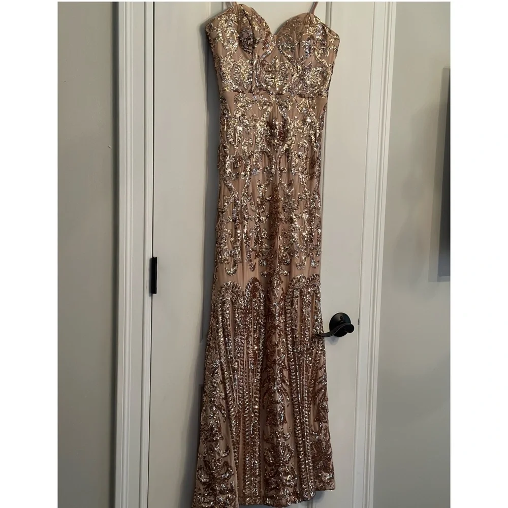 Bariano Rebecca Rose Gold Strapless Sequin Maxi Dress - Picture 5 of 10